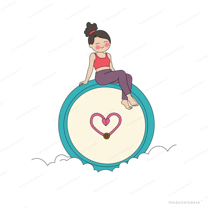 Girl perched on top of a round teal frame holding a heart above the clouds