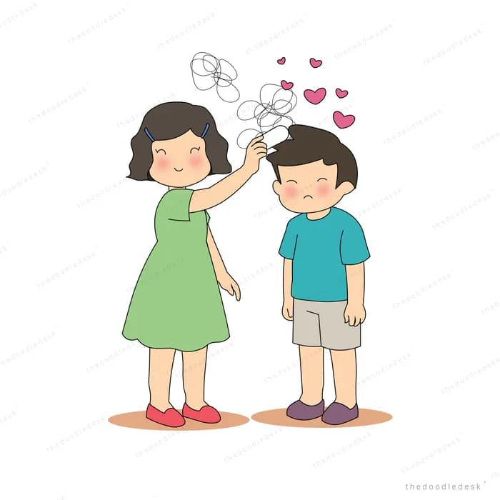 Girl comforting a sad boy as dark scribbles above them turn into hearts