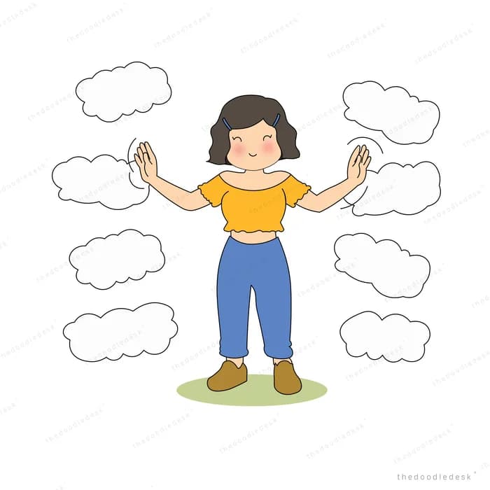 Child snipping outline clouds with scissors while surrounded by them