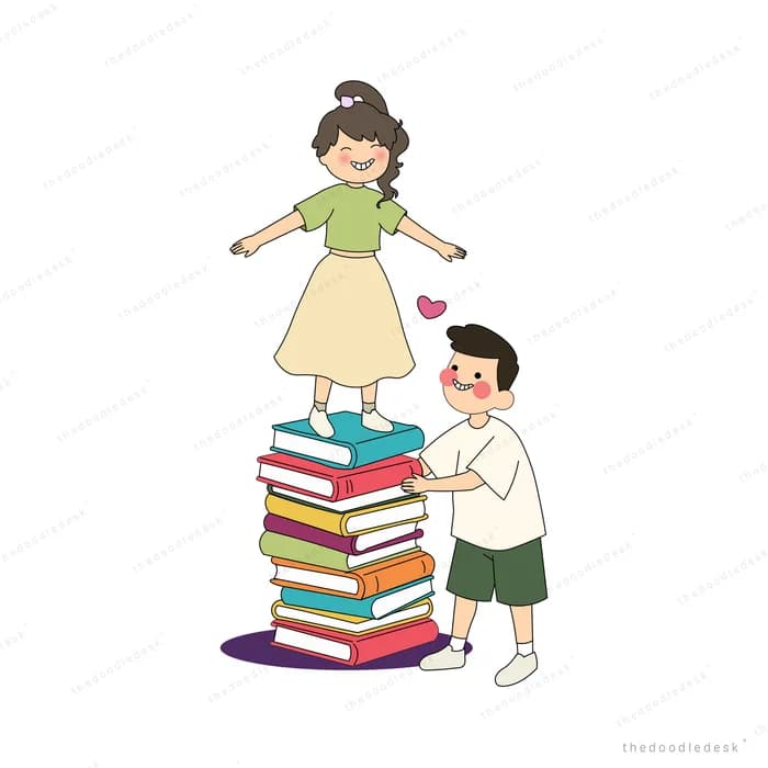 Girl standing on a tall stack of books while a boy steadies it