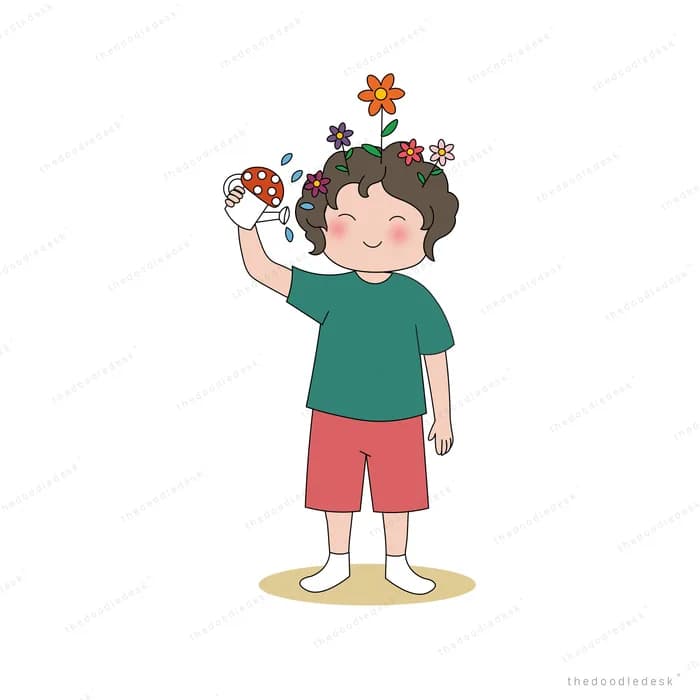 Boy holding a red spotted mushroom with mushrooms sprouting from his hair