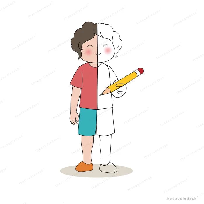 Boy drawing his own missing half in colour with a giant pencil
