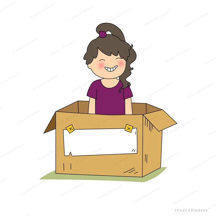 Girl sitting inside a cardboard box she has turned into a boat