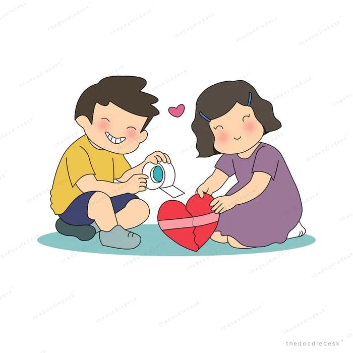 Boy and girl kneeling together to bandage a large red heart
