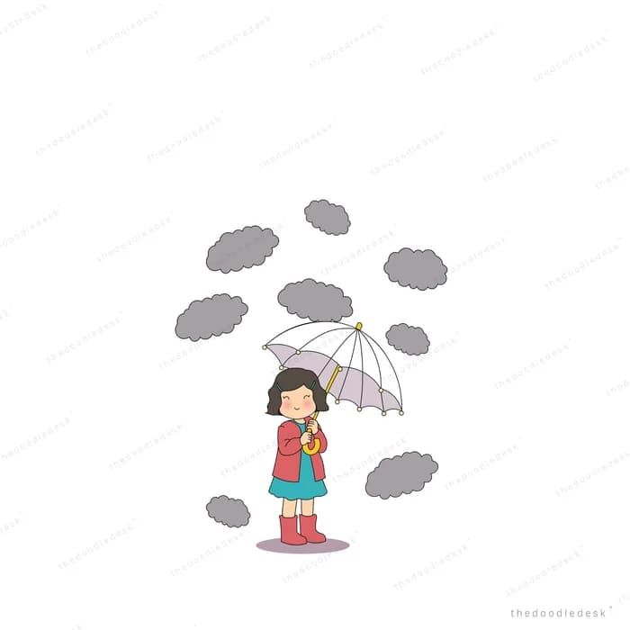 Small girl holding an umbrella hemmed in by dark grey clouds