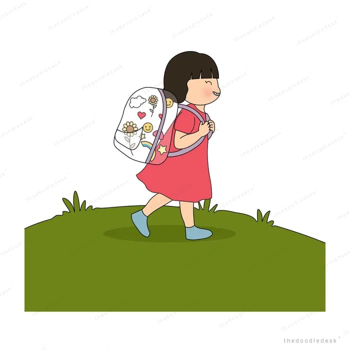 Girl walking along a giant green leaf with a clear backpack full of flowers
