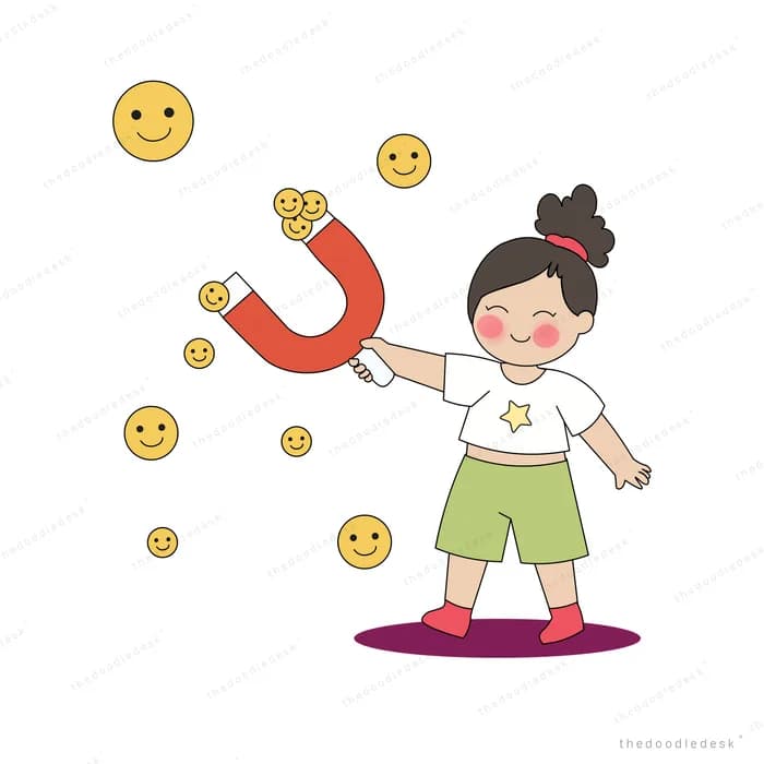 Boy holding a red horseshoe magnet that pulls in yellow smiley faces