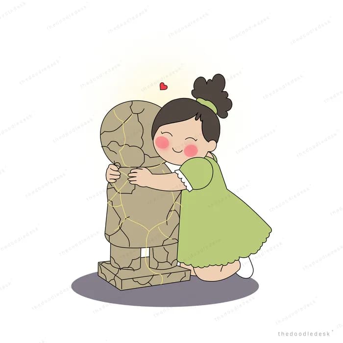 Child in a heavy stone shell hugging a soft white creature in a glow of light