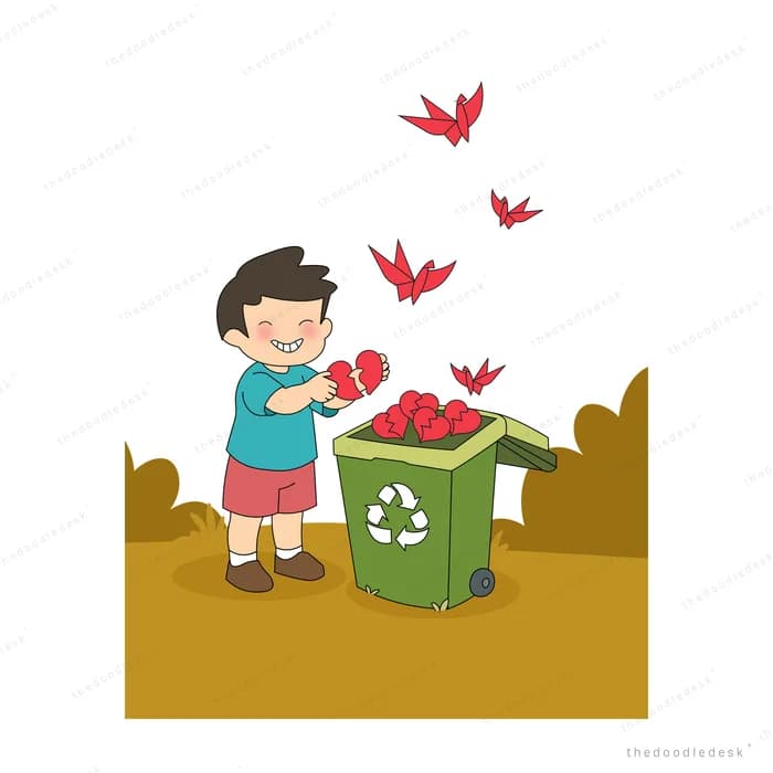 Boy dropping red items into a green recycling bin