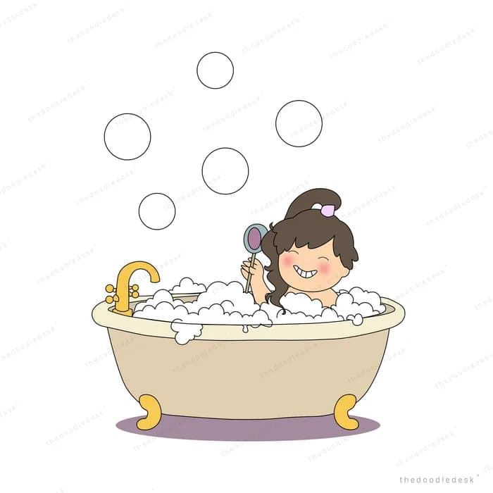 Girl soaking in a claw-foot bathtub among floating soap bubbles