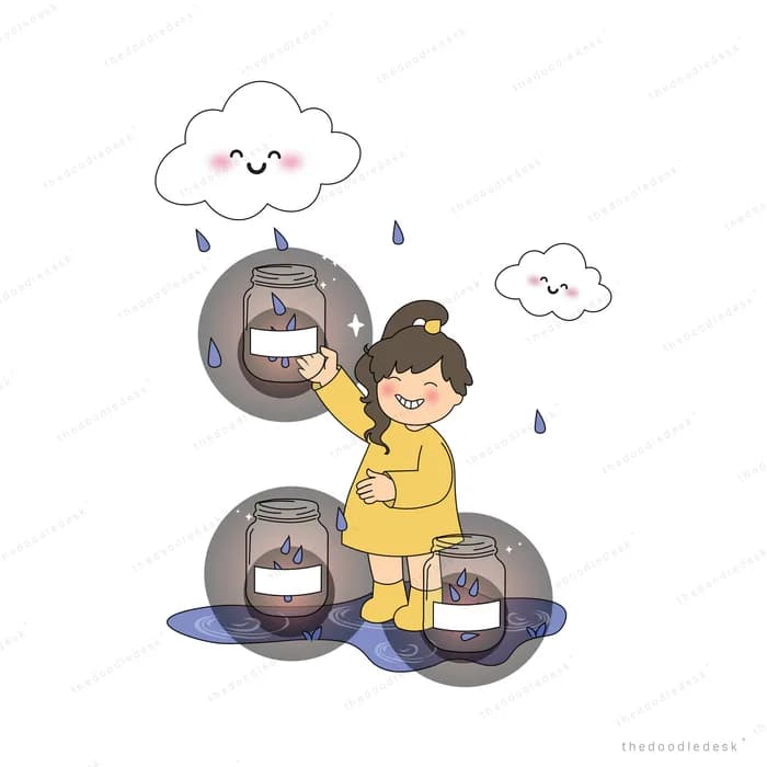 Girl in a yellow raincoat lifting a barrel lid to catch rain from little clouds