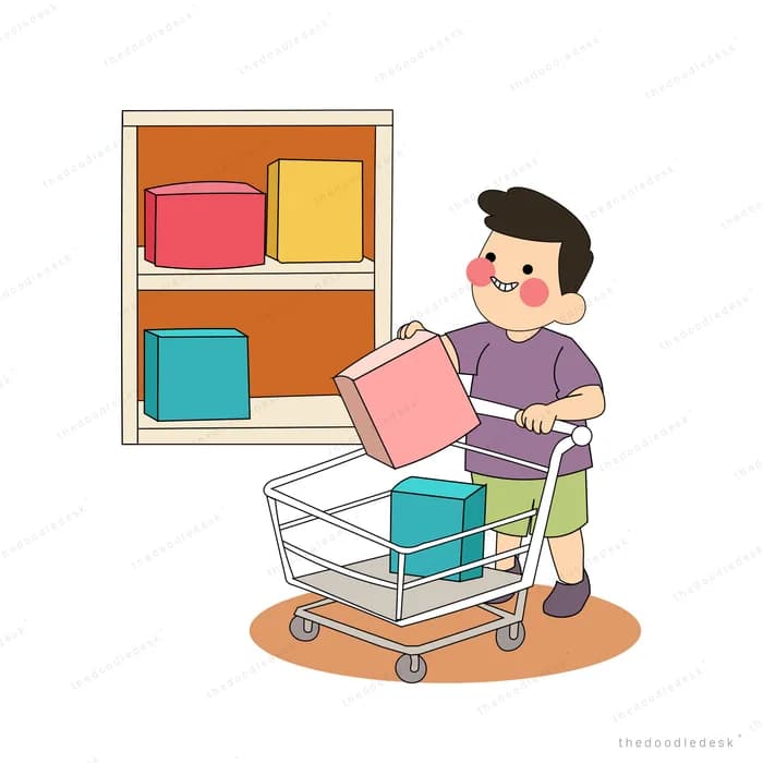 Boy loading boxes from a shelf into a shopping trolley