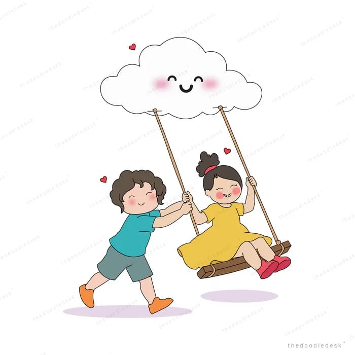 Boy pushing a wooden swing that hangs from a smiling cloud