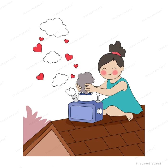 Girl sitting on a rooftop with a small radio as hearts and clouds drift up