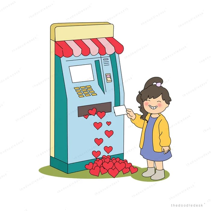 Girl collecting red hearts pouring from a vending machine