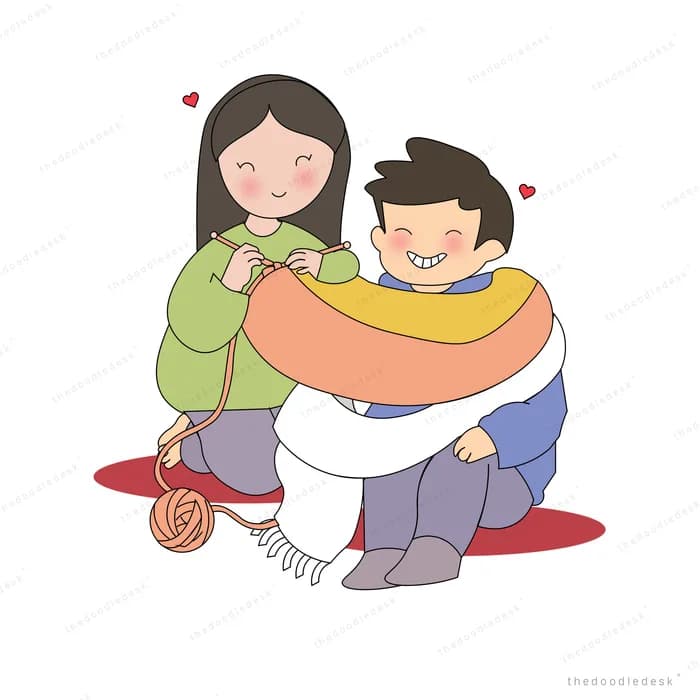 Woman knitting a long scarf that wraps around a smiling man beside her