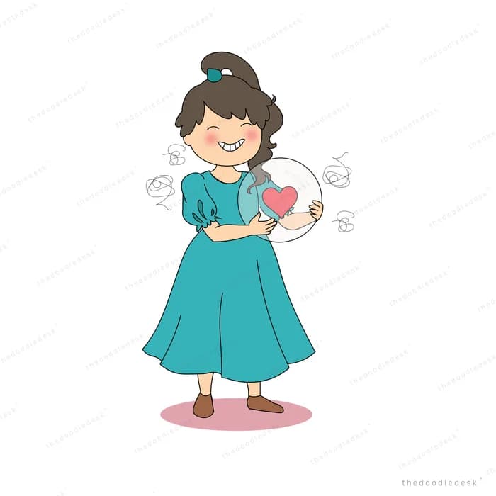 Girl in a white dress holding a glass bowl with a red heart inside