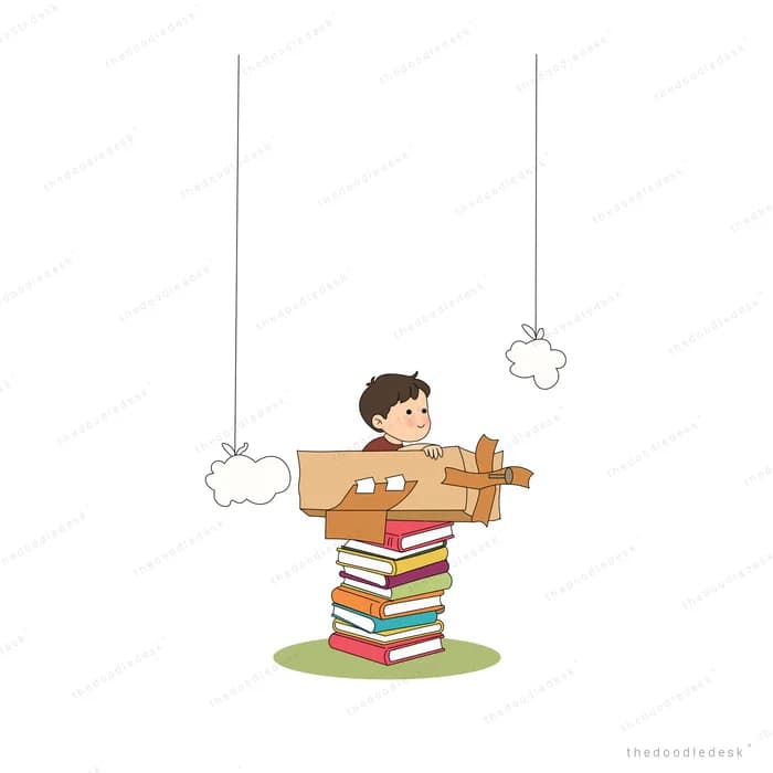 Boy reading on a stack of books hanging by strings from clouds