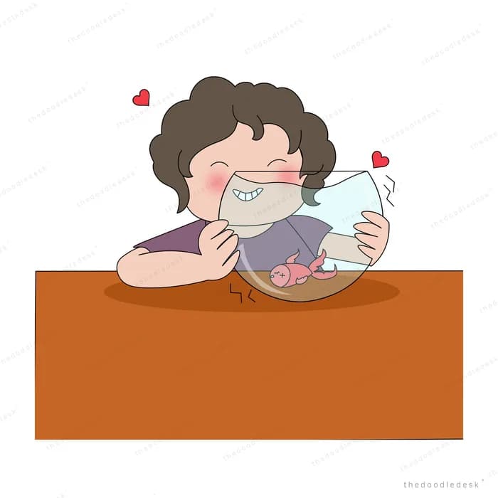 Girl leaning over a brown counter holding a round fishbowl