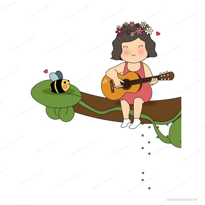Girl with a flower crown playing guitar seated on a giant green leaf