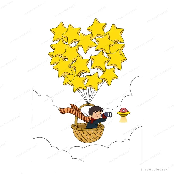 Girl riding a hot air balloon made of yellow stars above the clouds
