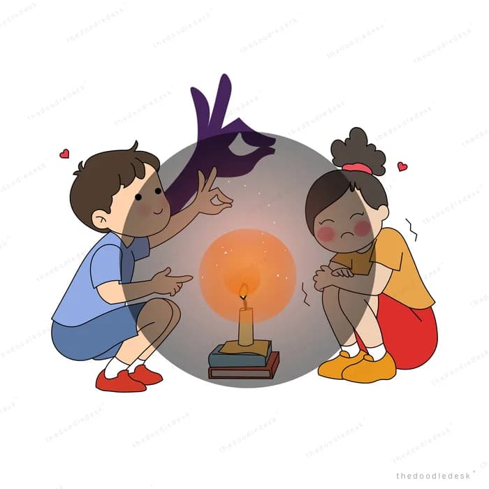 Boy and girl sitting around a lit candle on a dark rock at night
