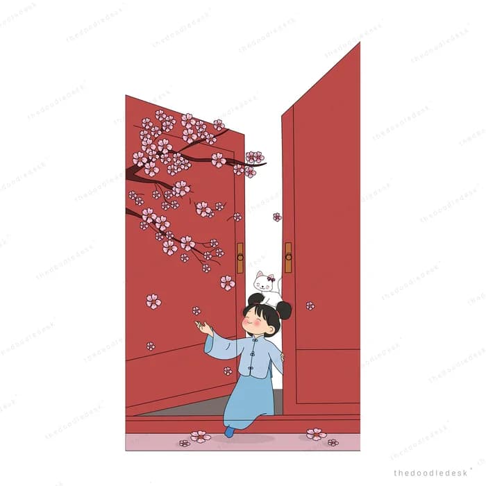 Girl peeking through tall red doors covered in blossom branches