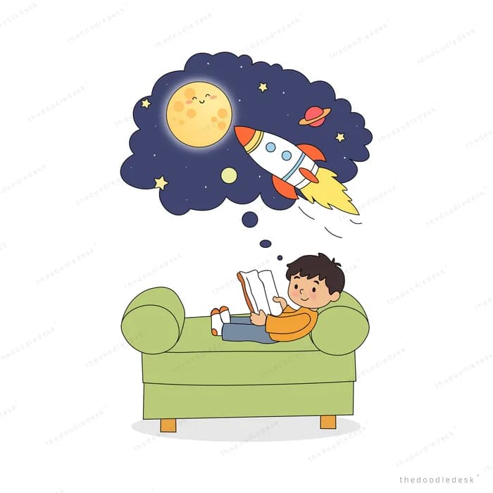 Boy reading on a green sofa while rockets and planets fly overhead