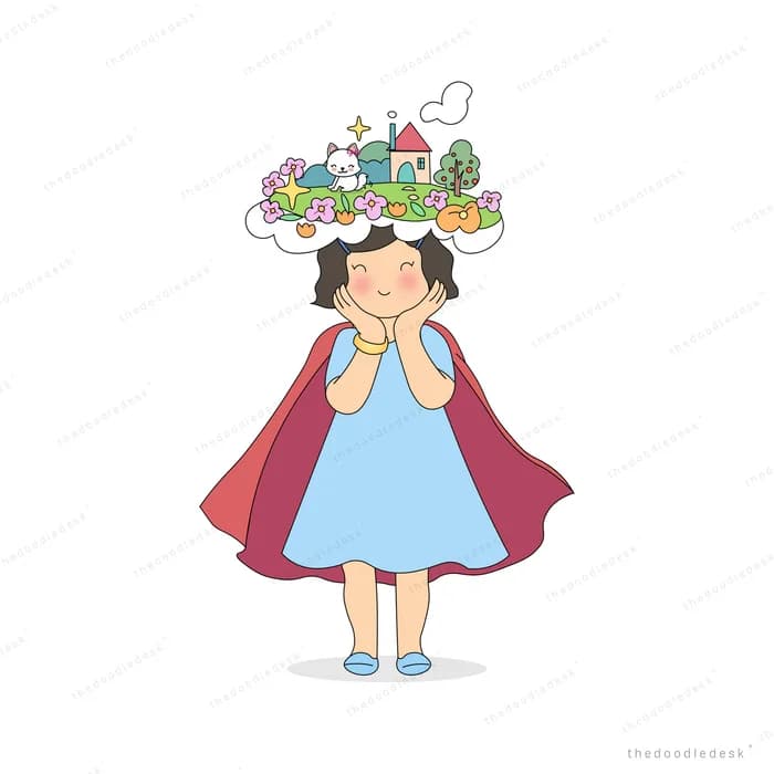 Girl in a blue dress and red cape wearing a tiny village as a headdress