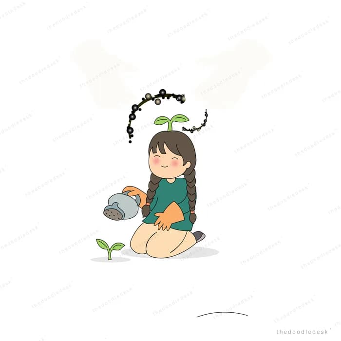 Girl kneeling to plant a seedling with a watering can beside her