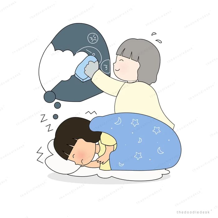 Girl asleep under a blue blanket while another girl looks through a telescope