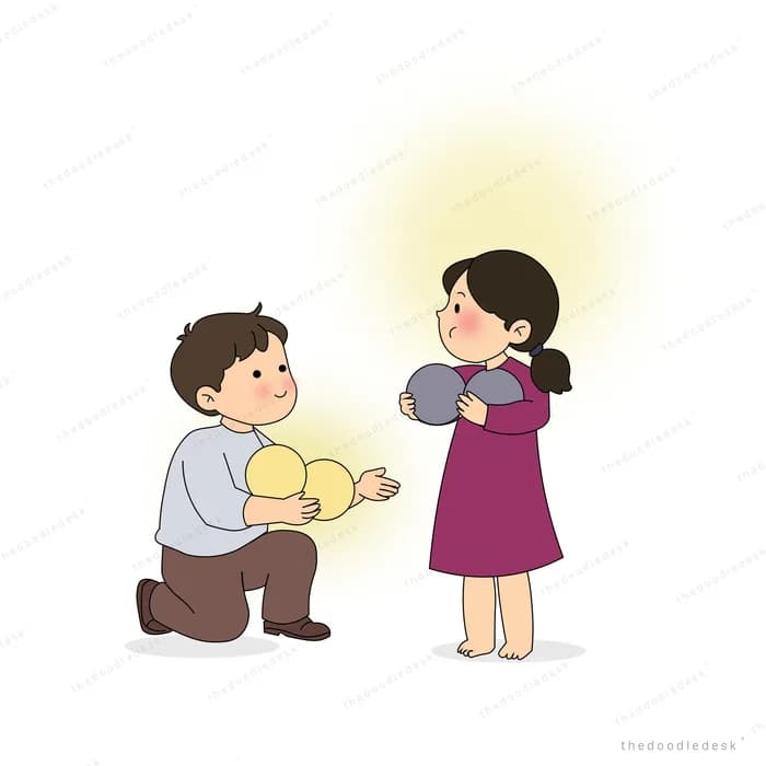 Boy offering a glowing bundle of light to a girl in a purple dress