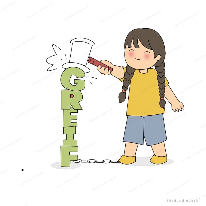 Girl swinging a hammer at a chained stack of letters spelling fear