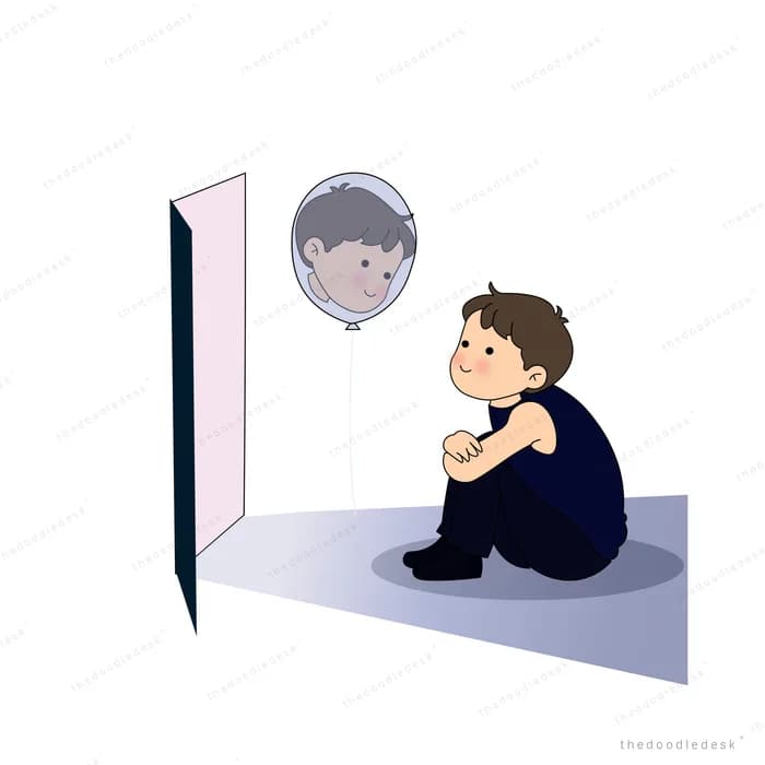 Boy sitting hunched on the floor beside an open door and a balloon