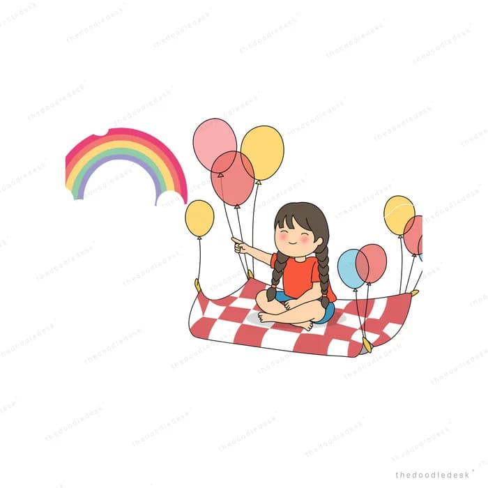 Children on a picnic blanket floating up with balloons past a rainbow