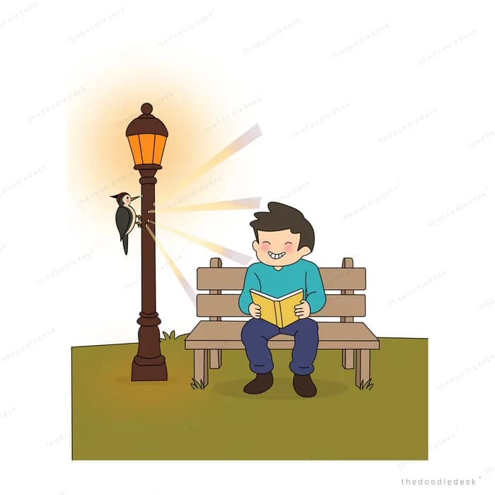 Boy reading on a park bench under a glowing street lamp at night