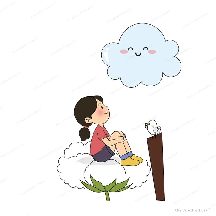 Girl sitting on a fluffy smiling cloud beside a tall post