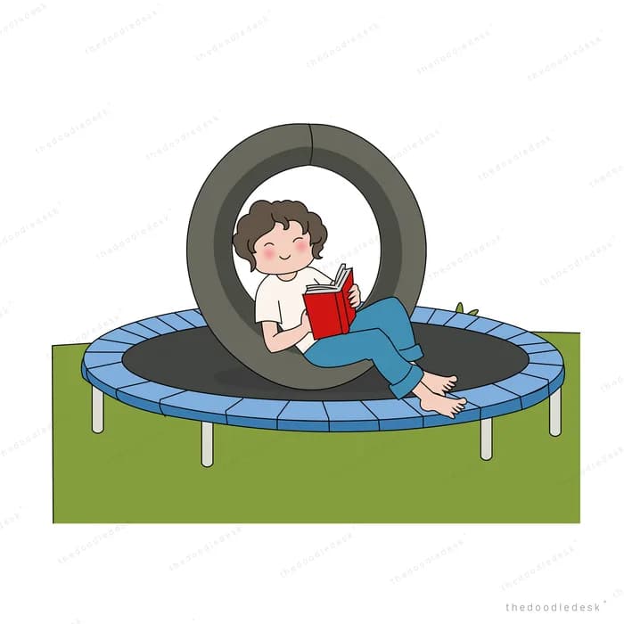 Boy bouncing on a trampoline holding a red bucket of water