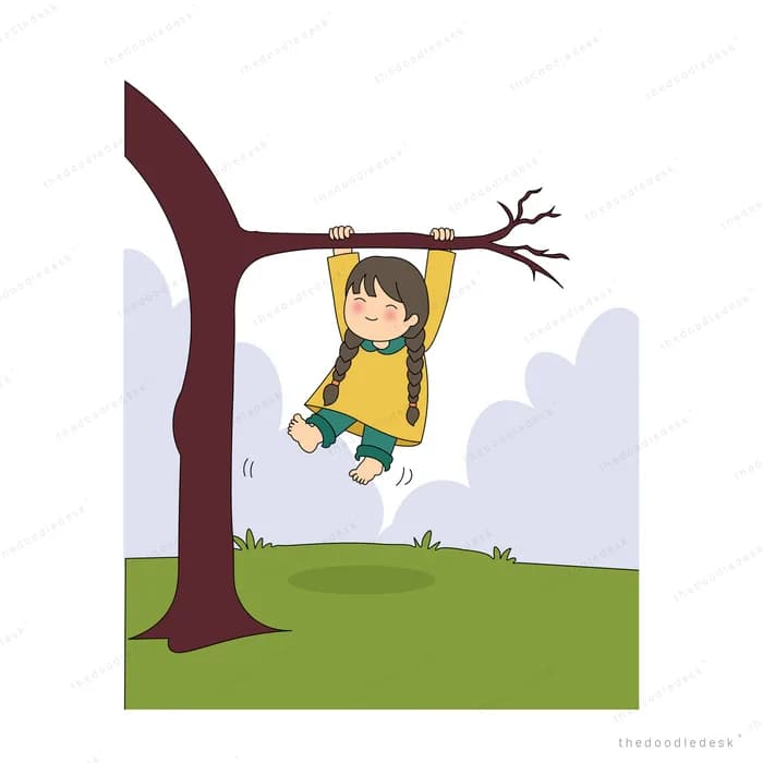 Girl swinging from a rope swing on a large dark tree over a green field