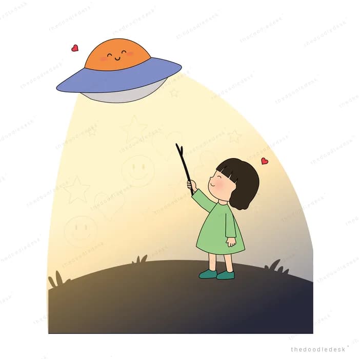 Child reaching up toward a ufo shining a beam of light on a dark hill