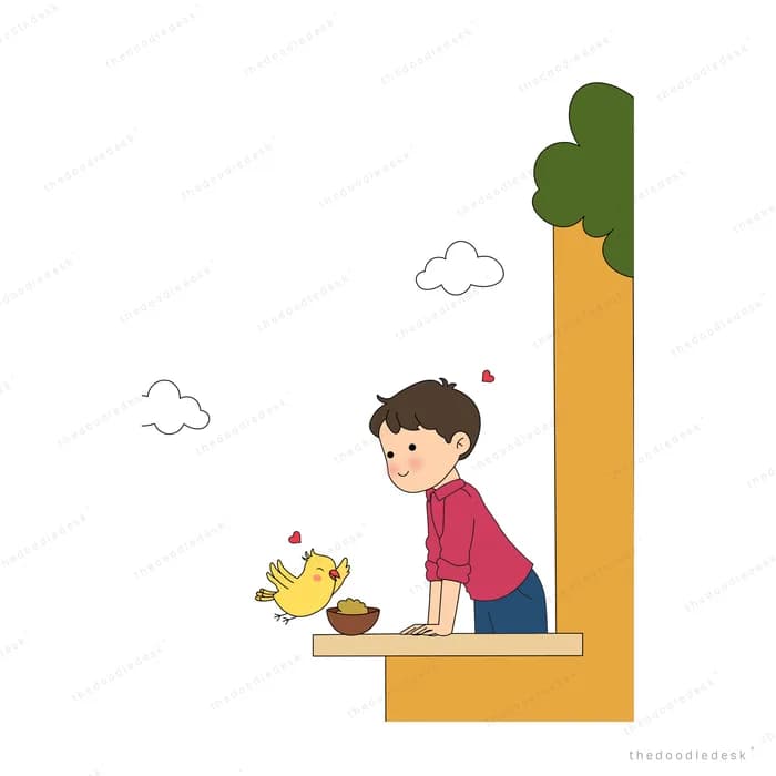 Boy leaning over a wooden desk beside a tall yellow wall and tree