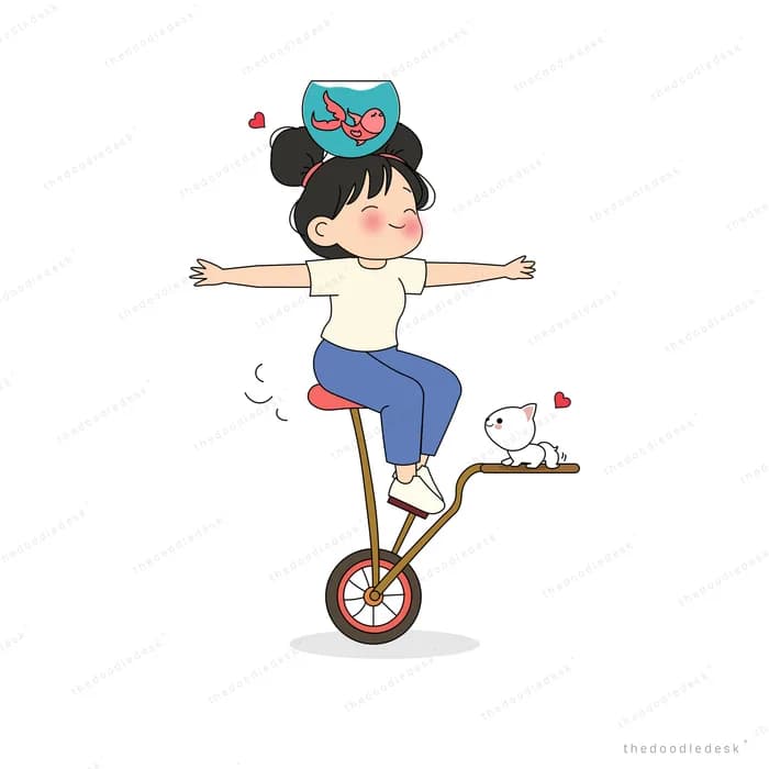 Girl in a cap balancing with arms out riding a one wheeled cart