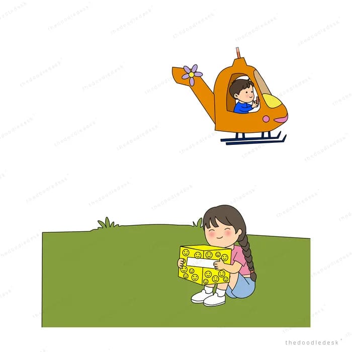 Girl sitting on a yellow blanket on a green field as an orange helicopter flies over