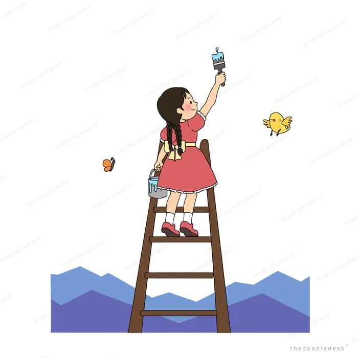 Girl on a wooden stepladder taking a photo with a phone above mountains