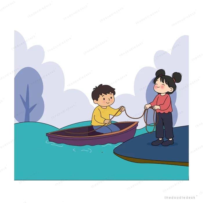 Boy paddling a small sailboat while a figure stands on the teal shore