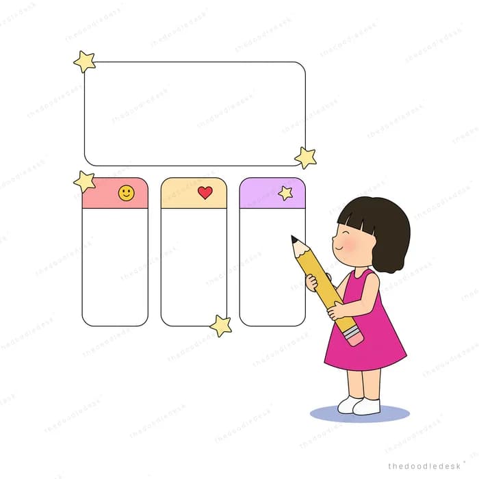 Girl holding an oversized pencil beside a blank three column chart board
