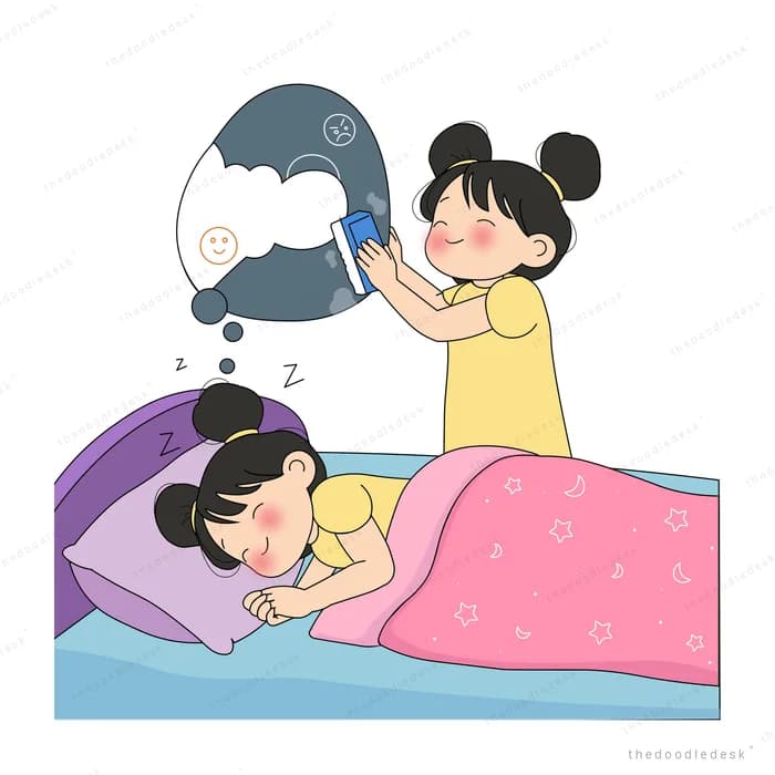 Girl pulling a dark storm cloud away from another girl asleep in bed