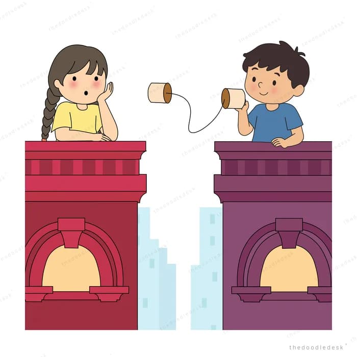 Two children on rooftops holding paper cups joined by a long string
