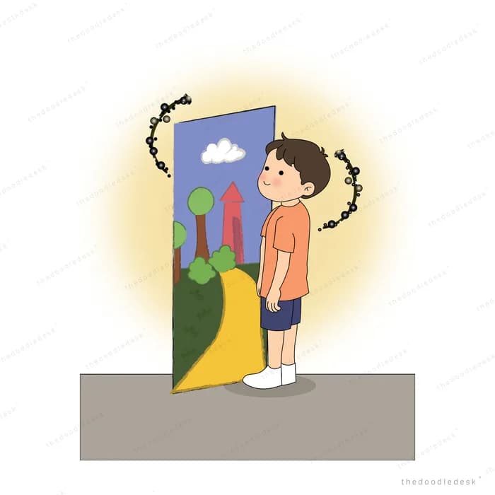 Boy standing at a glowing doorway that opens onto a green landscape