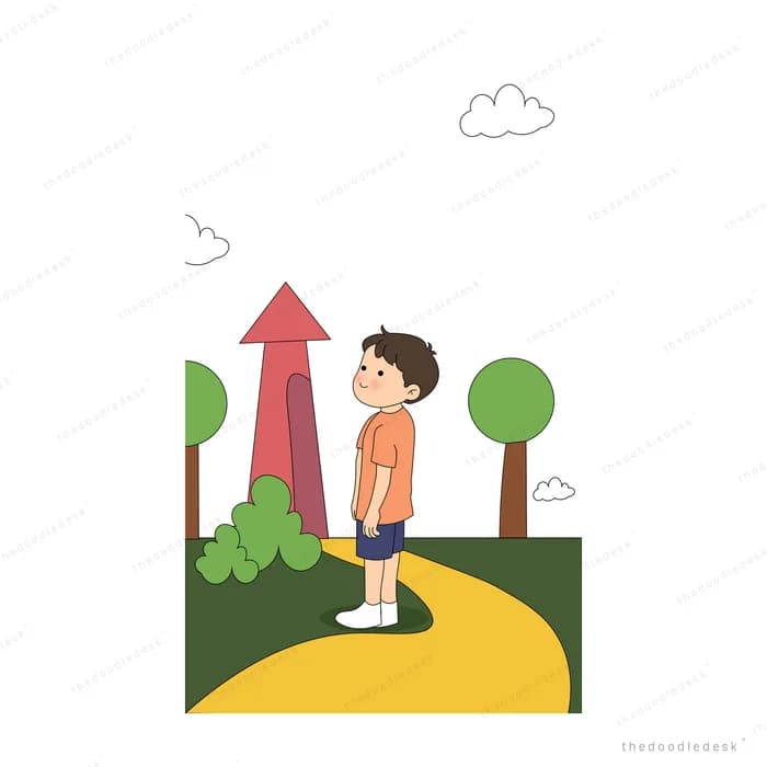 Boy standing on a green hill path beside a small rocket and trees